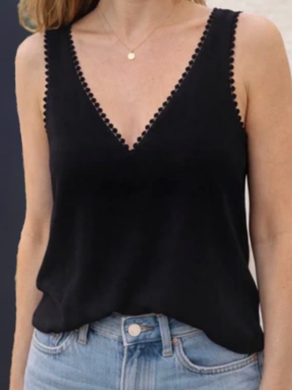 The Kooples Black Plunging V-Neck Diamond-Lace Trim Tank 2/M Dressy Top